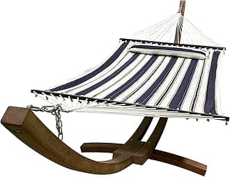 14 Ft. Wooden Arc Hammock Stand + Deluxe Quilted Double Padded Hammock Bed w/Pillow. 2 Person Bed. 450 LB Capacity(Teak Stain/Elegant Blue Stripe)