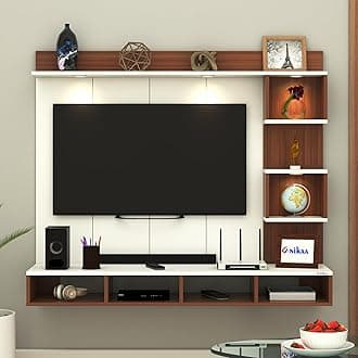 Anikaa Kirina Engineered Wood Wall-Mount TV Unit with PVC Back Panel & LED Lights | TV Cabinet with Storage Box & Decorative Shelves (Walnut/White) ? Ideal for TVs up to 40 Inch | DIY Installation
