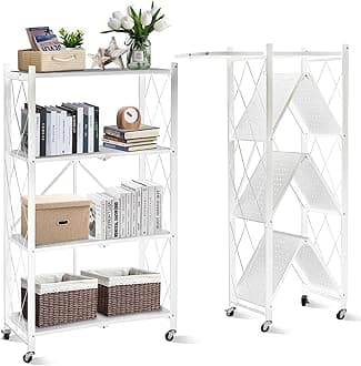 SKY-TOUCH Foldable Storage Organizer 4 Tier, Storage Shelves Kitchen Cabinet Storage Rack, Shelf Storage Multipurpose Rack for Living Room Bedroom Kitchen Garage White