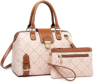 Dasein Women Barrel Handbags Purses Fashion Satchel Bags Top Handle Shoulder Bags Vegan Leather Work Bag, Ds Monogram Pink, M