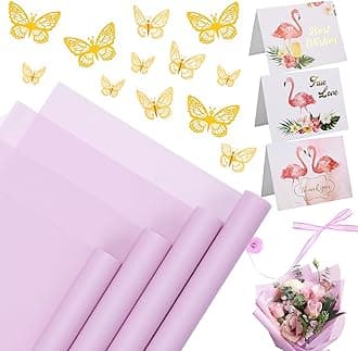 SACATR 20 Sheets Flower Wrapping Paper - Waterproof Floral Bouquet Wrapping Paper, Florist Supplies with 3D Gold Butterfly Decor(Mist light purple)