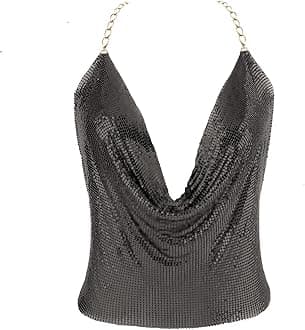 Gold Sexy Tops for Women Sparkly Deep V Neck Crop Tank Tops Cami Body Chain Top