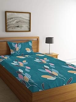 LOOMLYFE 300 TC Cotton Feel Glace Elastic Fitted Printed Single Bed Bedsheet with 1 Pillow Cover Fits Upto 6 Inches Mattress,Size- 42X75X8 Inches, Green Leaves