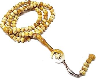 Islam Prayer Tasbih 99 Beads AMN-303 Muslim 8 mm. Rosary Bead Moon Star Decorated Tassels Haj Eid Ramadan Gift (Yellow_2)