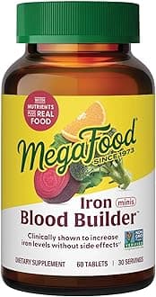 MegaFood Blood Builder Iron Supplement for Women & Men - Increase Iron Levels Without Side Effects - Combats Fatigue - Vitamin B12, Folic Acid & Vitamin C - Vegan - 60 Mini Tablets (30 Servings)