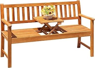 Outdoor Bench, 2-Person Garden Bench, Patio Wood Bench Outdoor Loveseat with Pull-Out Center Table for Backyard, Balcony and Patio and Garden (Log Color)
