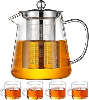 Borosilicate Glass Round Tea Pot with Heat Resistant Stainless Steel Infuser Perfect for Tea and Coffee Maker, Clear Glass Kettle with 4 Cups (950 ML, Round Kettle with Cups)