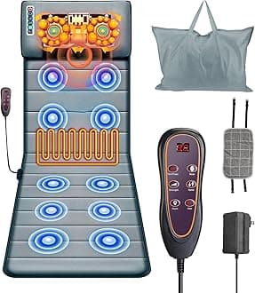 Full Body Massage Mat with Heat,Massage Mattress with Shiatsu Neck Massager & Movable Neck Back Massager Pillow,10 Vibrating Motors,9 Massaging Modes & Timer for Back Leg Pain Relief