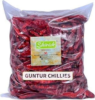 Shirish Masala Guntur Chilli 1 Kg [Stemless ] [Premium Sortex Clean Guntur Sannam Chillies] [Hot Dried Red Chilli ] [Red chilli whole ] [Dry Red Chilli ]