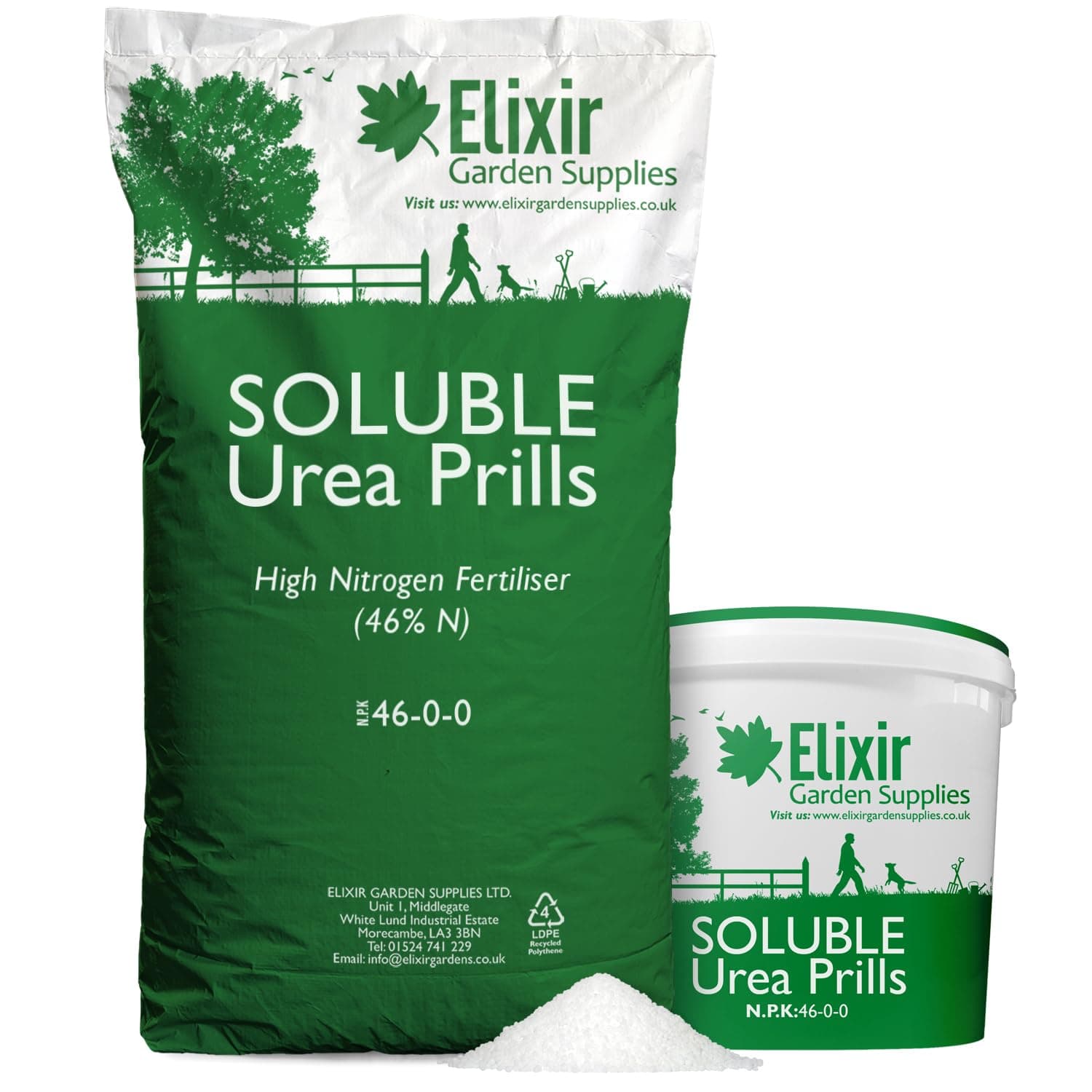 Elixir Gardens Urea Prills (46% Nitrogen) Water-Soluble Fast-Release Fertiliser, Feed & Top Dressing (N.P.K: 46-0-0) | Grass, Lawn & Turf, Shrub, Tree & Plant Foliage Boost | 500g Tub