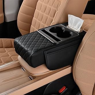 Car Center Console Cover for Toyota Hilux Double Cab 2001-2025, Microfiber Leather Armrest Cushion 5-in-1 Center Console Cover with 2 Storage Bags Cup Holder Tissue Box Interior Accessories