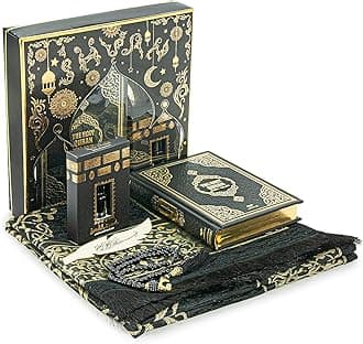 – ihvan online Prayer Gift Set for Hajj and Umrah, Muslim Prayer Rug, Prayer Mat, Beads Taasbih, Holy Quran Translated English, Janamaz Salah Mat, Islamic Gift Set for Ramadan & Eid, Black
