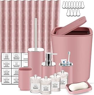 IMAVO Pink Bathroom Accessories Set with Shower Curtain,23 Piece Bathroom Set,Tray,Trash Can,Soap Dispenser,Soap Dish,Toothbrush Holder,Toothbrush Cup,Toilet Brush and Qtip Holders