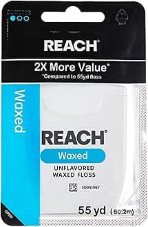 REACH Waxed Dental Floss,Unflavored, Plaque Remover for Teeth, Shred Resistant, Floss Slides Smoothly, Easy to Use, Waxed, Deep Cleaning Teeth, Oral Care, PFAS Free, for Adults & Kids, 1 Pack, 55 yd