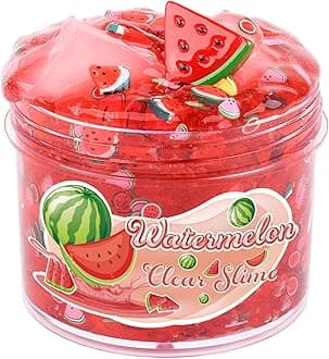Watermelon Clear Slime Red Jelly Cube Crunchy Crystal Slime with Glitters Add Ins, Stretchy Premade Water Slime Scented DIY Bubble Slime Kids Birthday Party Favors, Big Slime for Girls Boys 7OZ 200ML
