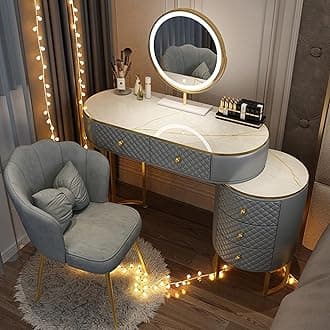 Vanity Set - Makeup Vanity Desk with Smart LED Mirror and Chair, Luxurious Makeup Table with 5 Drawers ＆ Metal Legs, Suitable for Her (Grey, 40'')