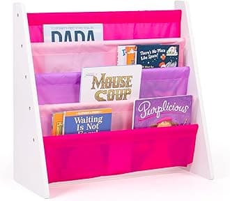 Humble Crew 4-Tier Kids Bookshelf, White Wood/Pink/Purple - Premium Book Shelf for Kids Rooms with Four Deep Pockets - Toddler Sling Book Rack with Deep Sleeves, Nursery Bookcase Organizer