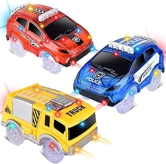 - Track Cars Only Replacement Light Up Toy Cars with 5 Flashing LED Lights for Tracks Glow in the Dark, Flex Race Car Track Accessories Compatible with Most Car Tracks for Kids (3 Pack) with Screwdriver