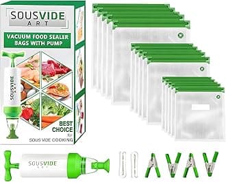 SOUSVIDE ART 37pcs Reusable Vacuum Seal Bags with Vacuum Sealer - 30 Cooking and Storage Bags of 3 Sizes with Pump and Sous Vide Cooker Accessories - Food Safe Kit, Keeps Food Fresh