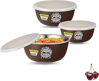 URBAN CHEF Mixing Bowl Set of 3 Stainless Steel (500ml, 800ml,1250ml) | Microwave Safe & Dishwasher Safe | Bowl Set with Lid for Gift | Bowls for Snacks | Serving Bowls Kitchen Accessories -Brown