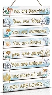 KAIRNE Inspirational Quotes Wall Art,Watercolor Inspirational Wood Sign,Mermaid Motivational Quote Wall Decor for Nursery,Coral Positive Phrases for Girls Bedroom Decorations