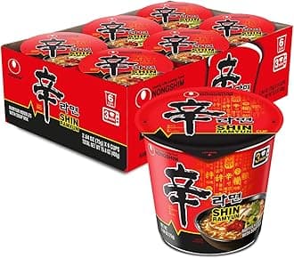 Nongshim Shin Ramyun Cup of Noodles, Spicy Signature Korean Instant Ramyun, Rich Beef Flavored Broth, Quick and Easy, Microwaveable Cup, 2.64 oz (Pack of 6)