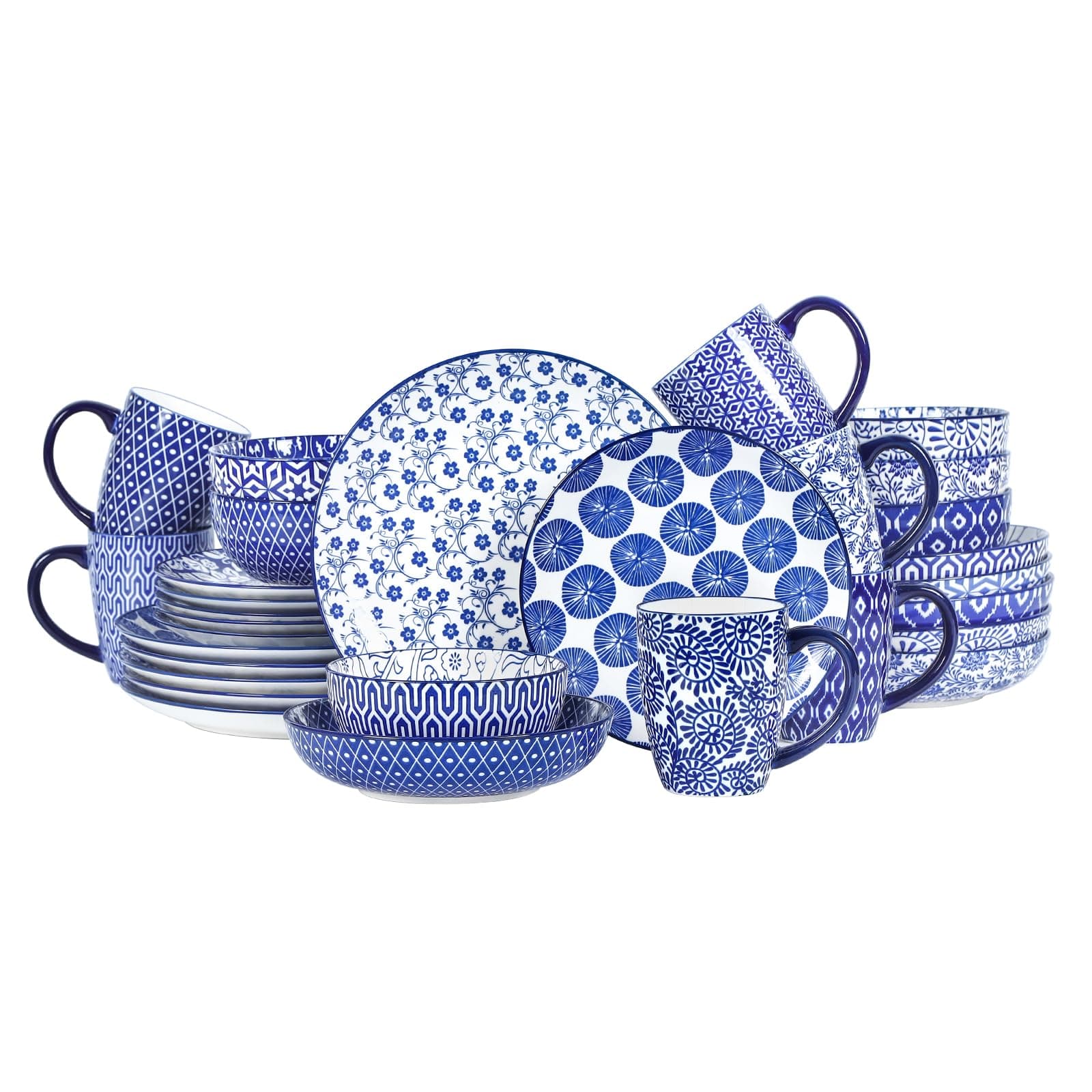 Selamica 30-Pieces Ceramic Dinnerware Sets for 6, Scratch Resistant Plates and Bowls Sets, Microwave and Dishwasher Safe, Vintage Blue A