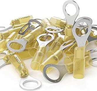 12-10 AWG - 3/8" Heat Shrink Ring Terminals, Copper Terminal Connector Ends, Battery Cable End Lugs, Yellow Insulated Electrical Crimp Wiring Connectors, Wire Lug for 12, 10 Gauge Wires, 50 PCS