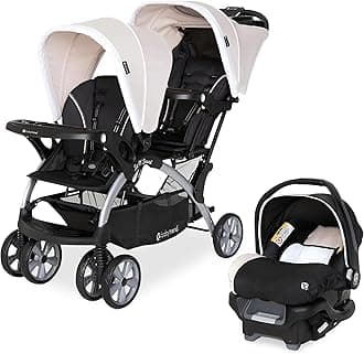Infant and Toddler Double Stroller & Car Seat Combo, 2 Pc Set, Khaki - Portable and Lightweight Stroller Duo and Car Seat Travel System Tandem