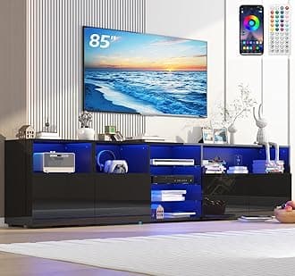 jiteentarou79IN LED TV Stand for 75/80/85inch TV,High Glossy Modern TV Stand for Living Room,TV Entertainment Center with Adjustable Storage Shelf,RGB LED Lighting,TV Console(Black)