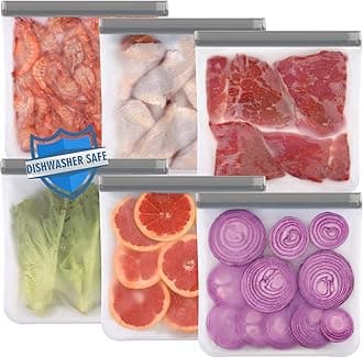 Lerine 6 Pack Reusable Gallon Freezer Bags Dishwasher Safe, BPA Free Reusable 1 Gallon Bags, Leakproof Food Storage Bags for Marinate Meats, Cereal, Vegetables, Home Organization(Gray, 6Gallon)