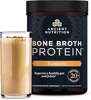 Ancient Nutrition Grass Fed, Cage Free, Bone Broth Protein Powder, 20g Protein, Hydrolyzed Collagen Peptides, Keto & Paleo Friendly, Supports Joint & Gut Health, Turmeric, 20 Servings