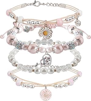 DS 4PCS Beaded Charm Bracelets for Teen Girls Dainty cute cartoon Crystal Beads Pearl Bracelets anklets set for woman and girls Adjustable Stretch bracelet birthday Gift For Friends
