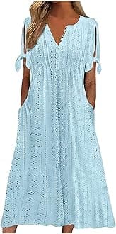 Elegant Summer Dresses for Women 2024 Trendy Tie Short Sleeve Button Down v Neck Eyelet Maxi Long Tshirt Dress