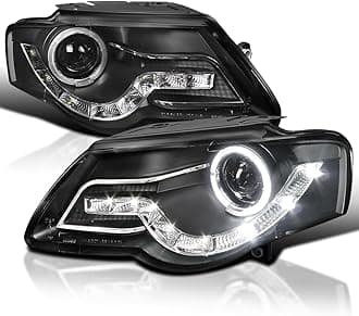 Black Halo Projector Headlights + R8 Sty LED Lamps Compatible with 2006-2010 Volkswagen Passat, Left + Right Pair Headlamps Assembly
