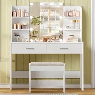 usikey Vanity Desk with Mirror & Lights, Makeup Vanity Table with 2 Large Drawers, 6 Storage Shelves & Stool, Bedroom Dressing Vanity Table with 3 Color Light Adjustable, White