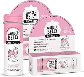 Wonderbelly Antacid, Effective Heartburn & Instant Acid Indigestion Relief, Travel Size Extra Strength Chewable Tablets, 1000 mg Calcium Carbonate, Strawberry Milkshake, 12 Count (Pack of 2)