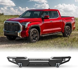 Full-Width Front Bumper Compitable for 22-24 Toyota Tundra, Bumper & Round Tube Side Wings w/LED Light Bar Bracket, D-Ring Shackles, Park Distance Sensor Hole, Paintable Bezel, LED Pod Lights