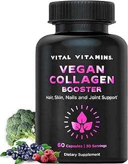 Vital VitaminsVegan Collagen Booster - Plant Collagen Supplements - Supports Hair, Skin, Nails & Joints - with Hyaluronic Acid - 60 Capsules