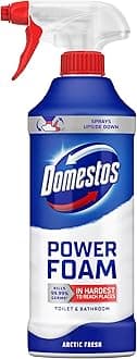 Domestos Power Foam Arctic Fresh Toilet & Bathroom Cleaner Spray sprays upside down & eliminates 99.99% of germs* for cleaning inside the toilet & around the bathroom 450 ml