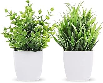 Artificial Potted Plants, 2 Pack Artificial Plastic Eucalyptus Plants Small Indoor Potted Houseplants, Small Faux Plants For Home Decor Bathroom Office Farmhouse (Set 0F 2), multi-colour