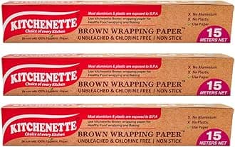 Kitchenette Brown Food Wrapping & Baking Paper (Unbleached & Chlorine Free) Multipurpose | Oven and Microwave Safe | Non Stick - 15 Meters (Pack of 3)