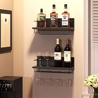 HOOBRO Wall Mounted Wine Rack 2 Pack, Wine Shelf Hanging Floating Wall Shelves, Wine Glass Bottle Rack Stemware Holder, for Living Room, Dining Room, Kitchen, Black BK28BJ01