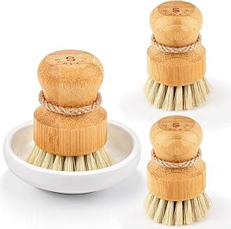 SUBEKYU Bamboo Dish Scrub Brushes , Kitchen Wooden Cleaning Scrubbers Set for Washing Cast Iron Pan/Pot, Natural Sisal Bristles, Set of 3