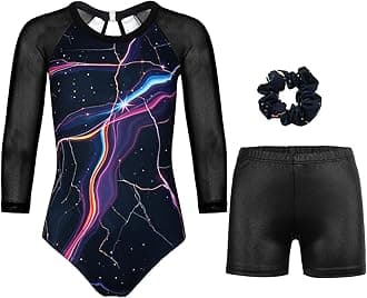 Gymnastics Leotards for Girls With Shorts Sparkly Ballet Dance Long Mesh Sleeve