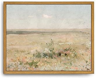 Roslynity Framed Canvas Wall Art Vintage Print Oil Paintings Meadow Landscape Summer Country Soft Green Pastel Retro Aesthetic Artwork for Home Living Room Bathroom Nursery Wall Decor (8"x10")