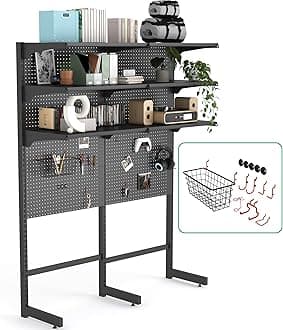 JWX DDB Gaming Standing Shelf Units, Home Office cabinets with Metal Pegboard and 15 Pieces Organizer Tool Holders