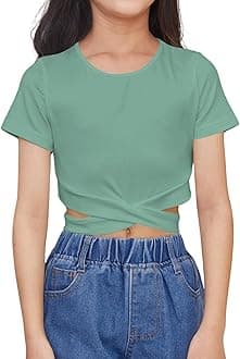 OYOANGLE Girl's Cute Crisscross Short Sleeve Cutout Solid Crop Top Tee T-Shirts