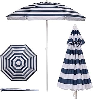 5.5 Ft Portable Beach Umbrella, Lightweight UV Protection Sunshade with Tilt Pole & Carry Bag, Outdoor Canopy Umbrella for Beach, Sand, Pool, Patio, Camping, Travel, or Backyard Shade, (Blue & White Stripe)