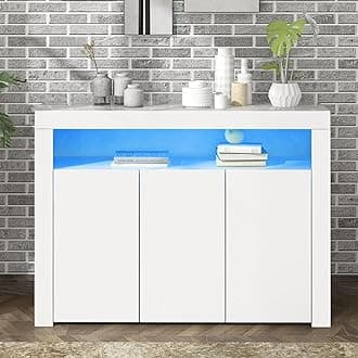 High Gloss Sideboard LED Cabinet with 3 Doors for Living Room, Dining Room, Hallway, Kitchen, Storage Display Cabinet with LED Light, USB Powered (White)